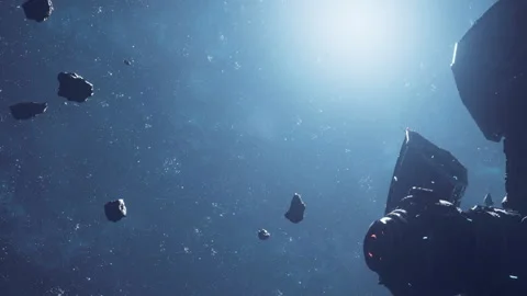 Spaceship navigating through an asteroid field in outer space Stock Footage 344844728