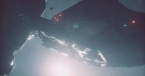 Spaceship navigating through asteroid field in deep space near distant star Stock Illustration