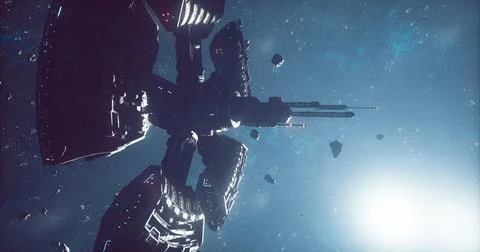 Spaceship navigating through asteroid field in deep space during exploration Stock Illustration