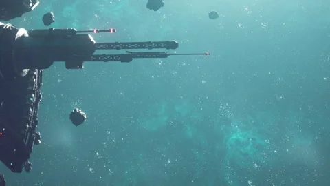 Spaceship near asteroids in deep space during a distant galaxy exploration Stock Footage 344827850