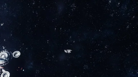Spaceship near asteroids floating in space during nighttime Stock Footage 344827688