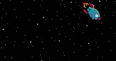Spaceship in open space. Cartoon Motion Design Loop. Retro Space Arcade. Stock Footage 149573964