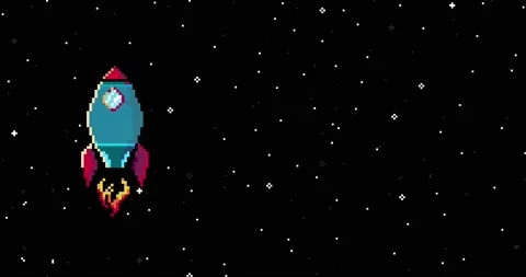 Spaceship in open space. Cartoon Motion Design Loop. Space Arcade. Pixel art Video stock 149573965