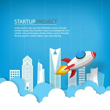 Spaceship or rocket launch into the sky over buildings and clouds in city s.. Illustrazione stock