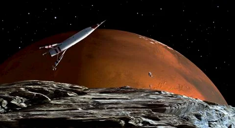 A spaceship in orbit over Mars moon, Phobos, with the red planet Mars in the 스톡 일러스트