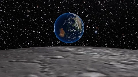 Spaceship orbiting Moon and seeing Earth rise above the Moon's horizon Stock Footage 246787616