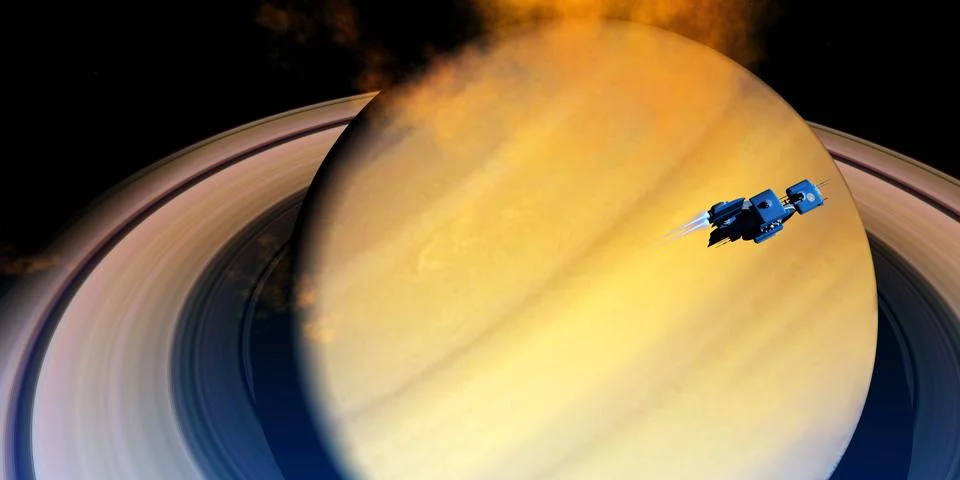 Spaceship orbits Saturn Stock Illustration