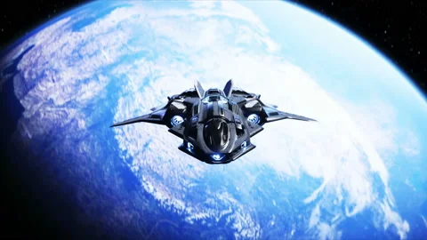 Spaceship in outer space. Earth background. 3d rendering. 動画素材 132639879