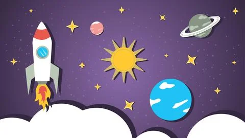 A spaceship in outer space is flying among the planets a flat illustration .. Stock Illustration