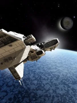 Spaceship Passing an Ice Planet Stock Illustration