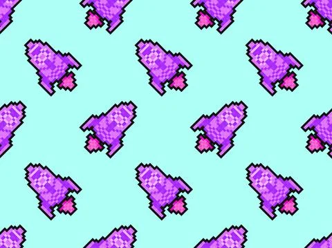 Spaceship pixel art seamless pattern. Space rocket 8 bit graphics video games Stock Illustration