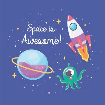 Spaceship planet and alien space galaxy astronomy in cartoon style Stock Illustration