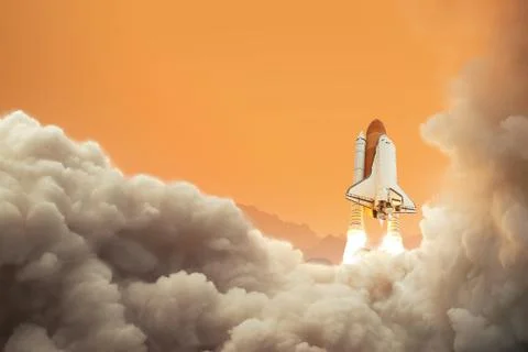 Spaceship on the planet Mars. Rocket takes off on Mars. Space shuttle taking Stock Illustration