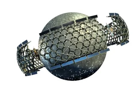 Spaceship with a planetary sphere surrounded by a geodesic structure Ilustração Stock