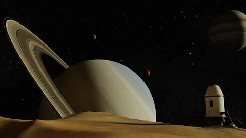 Spaceship on red sand with planets in the background Stock Illustration