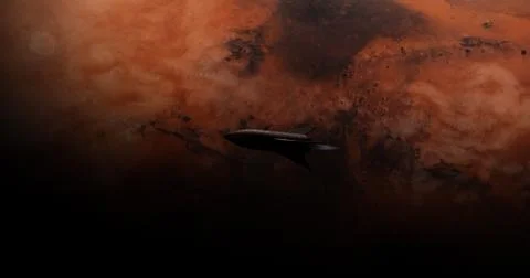 Spaceship rocket flying above Mars surface, space colonization concept. 3D Illustrazione stock