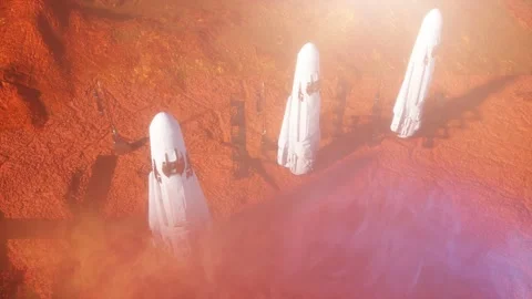 Spaceship rocket lands on a space station on Mars 3d render Stock Footage 196005374