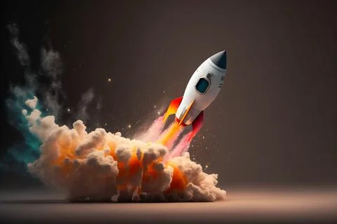 Spaceship rocket launch taking off anglewise, leaving behind trail of smoke and Illustrazione stock