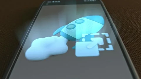 Spaceship Rocket Launch themed graphic presentation on smartphone Stock Footage 303427015