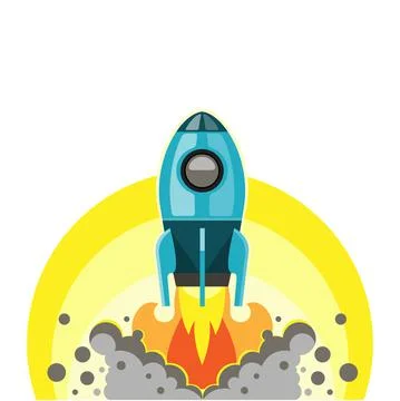 Spaceship rocket shuttle launch start of flying cloud and fire. Vector. Stock Illustration