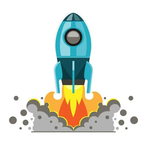 Spaceship rocket shuttle launch start of flying cloud and fire. Vector. 스톡 일러스트