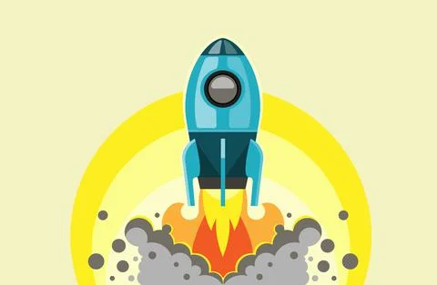 Spaceship rocket shuttle launch start of flying cloud and fire. Vector. Stock Illustration