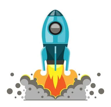 Spaceship rocket shuttle launch start of flying cloud and fire. Vector Stock Illustration