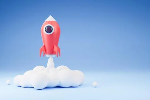 Spaceship rocket upswing spewing smoke. Start up business, 3D Rendering ill.. Stock Illustration