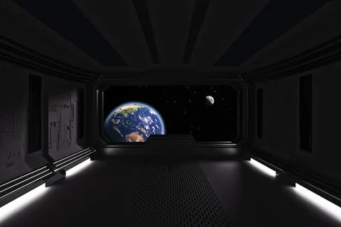 Spaceship Room Interior with View on Space and Earth Planet . Elements of thi Stock Illustration