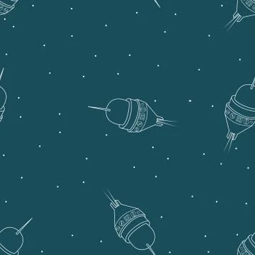 Spaceship seamless pattern. Rocket travel through the universe. Stock Illustration