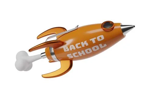Spaceship in the shape of a pen with the text "back to school" flying on th.. Stock Photos