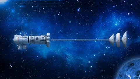 Spaceship with solar panels in deep space, UFO spacecraft flying, side view Stock Illustration