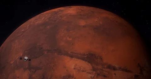 Spaceship in the space and Mars on the background. Scientific footage. 4K Stock Footage 125123413