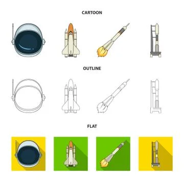 A spaceship in space, a cargo shuttle, A launch pad, an astronaut helmet. Space Stock Illustration