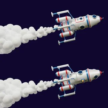 Spaceship space module flies through space with jet smoke Stock-Illustration