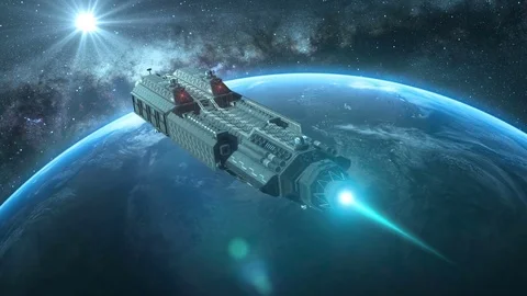 Spaceship in space orbiting a planet with a bright star in distance Stock Footage 80471620