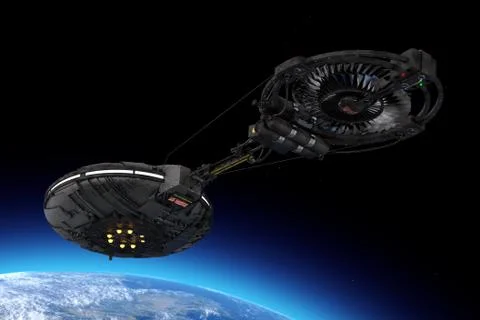 Spaceship, Space Station or Alien UFO Spacecraft in Flight Orbiting Earth. El 스톡 일러스트
