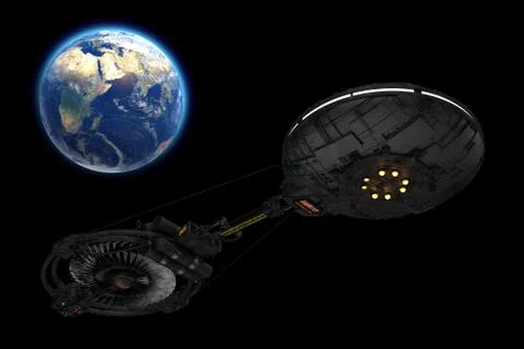 Spaceship, Space Station or Alien UFO Spacecraft in Flight Orbiting Earth. El 스톡 일러스트