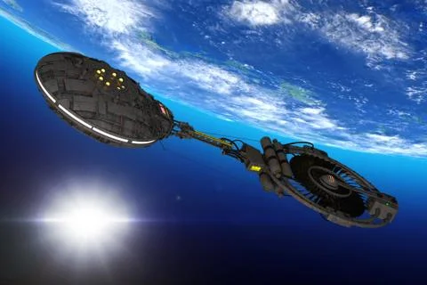 Spaceship, Space Station or Alien UFO Spacecraft in Flight Orbiting Earth. El 스톡 일러스트