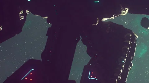 Spaceship structures observed from below in deep space at night Stock Footage 344827924