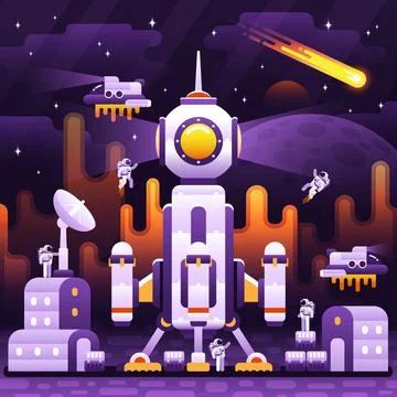 Spaceship on the surface of the planet Stock Illustration