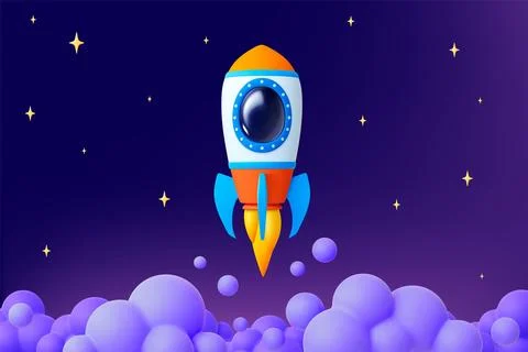 Spaceship take off 3d scene. Rocket clouds of smoke and stars. Space travel イラスト素材