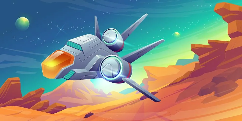 Spaceship take off from alien planet, shuttle Illustrazione stock