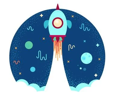 Spaceship takes off into space - vector cartoon illustration in flat stile Stock Illustration