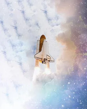 Spaceship takes off into the starry sky. Rocket starts into space. Concept , Stock Photos