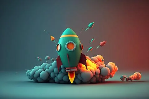 Spaceship taking off space. Green rocket with cloud. Business startup concept in Illustrazione stock