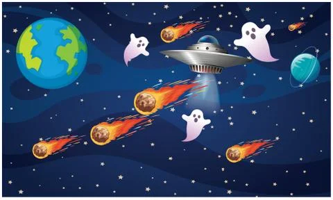 Spaceship travel between planets in asteroids Stock Illustration