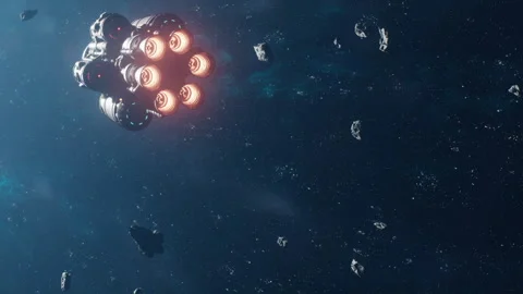 Spaceship traveling through asteroid field in outer space Stock Footage 344554784