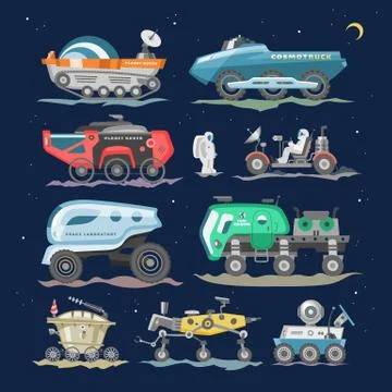 Spaceship vector lunar-rover or moon-rover and spacecraft with spaceman Stock Illustration