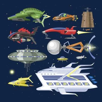 Spaceship vector spacecraft or rocket and spacy ufo illustration set of spaced Stock Illustration